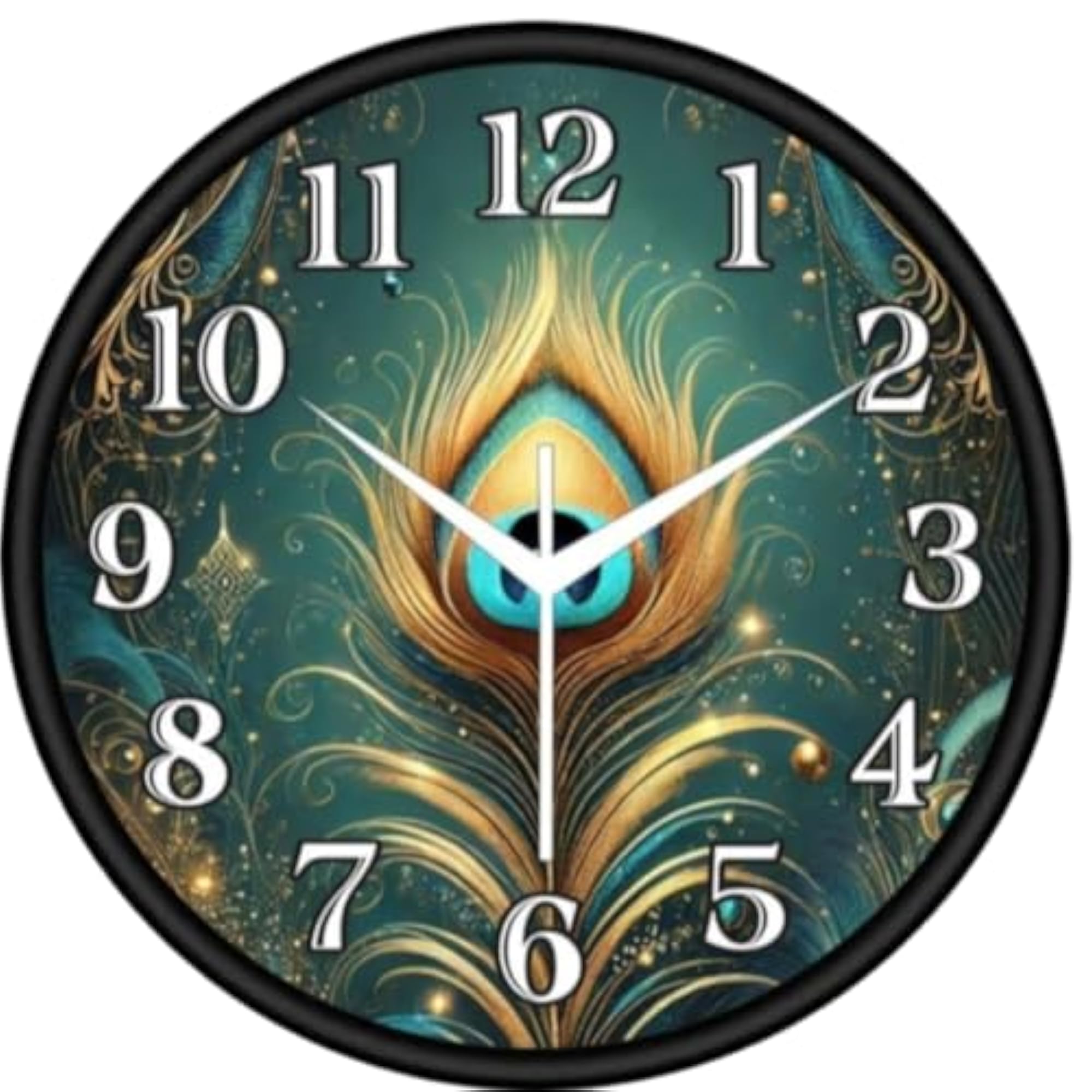 Peacock Feather Wall Clock, 10 Inch Golden Design